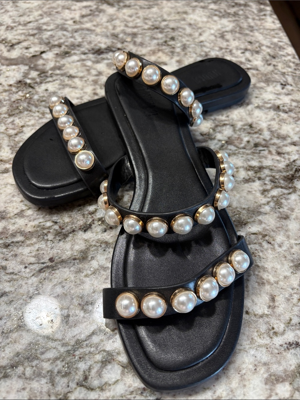 Forever 21 Black Pearl-Trim Triple-Strap Slide Sandals